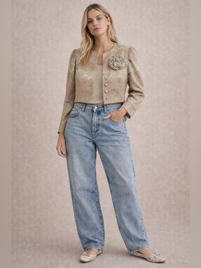 Vintage Handmade Pastel Metallic Brocade Jacket w/ Floral Appliqué